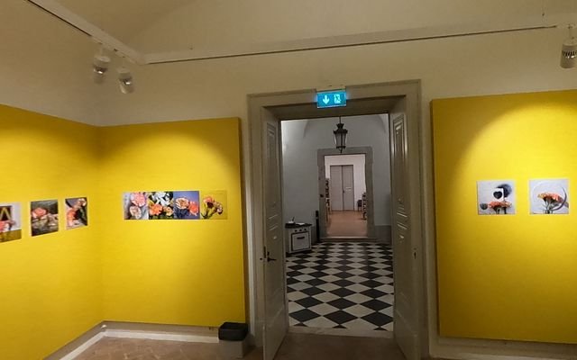 A yellow-walled exhibition room with framed works and a tiled corridor beyond